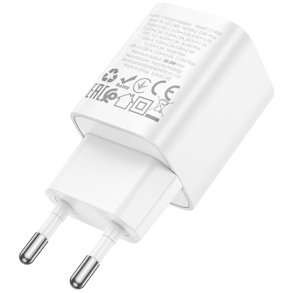 Фото - Мережевий зарядний пристрій HOCO C149A Charm PD30W+QC3.0 charger (EU) White (6942007630337)